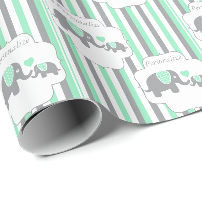 White, Grey & Green Stripe Elephants Baby Shower Wrapping Paper (Roll Corner)