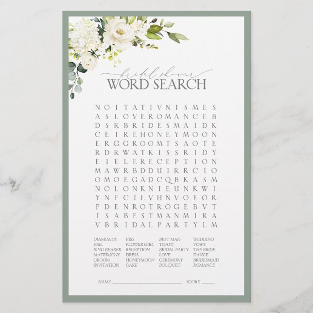 White Grey Green Watercolor Bridal Shower Game (Front)