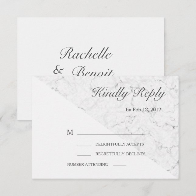 White grey grey marble effect modern wedding rsvp invitation (Front/Back)