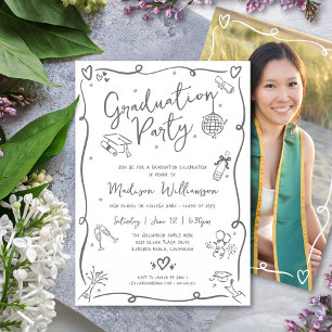White Grey Hand Drawn Doodle Photo Graduate Party Invitation