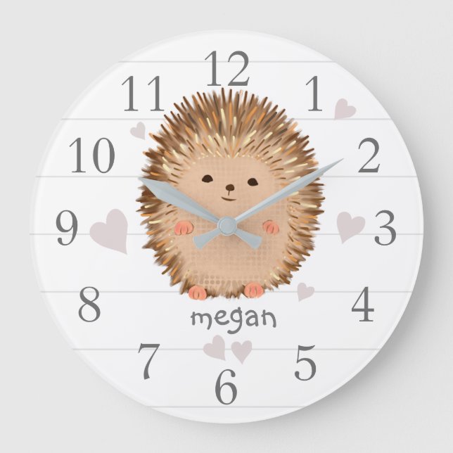 White Grey Hedgehog Heart Nursery Wall Clock (Front)
