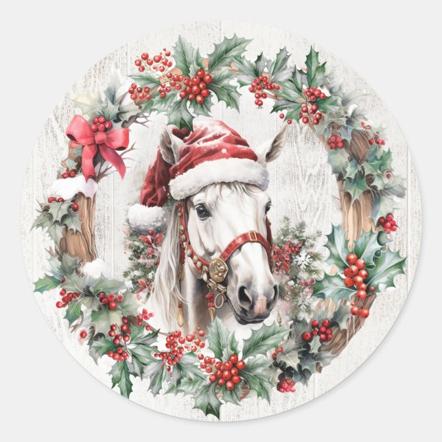 White grey horse Christmas holly berry wreath wood Classic Round Sticker (Front)