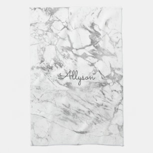 White & Grey Marble DIY Dark Grey Name or Monogram Tea Towel