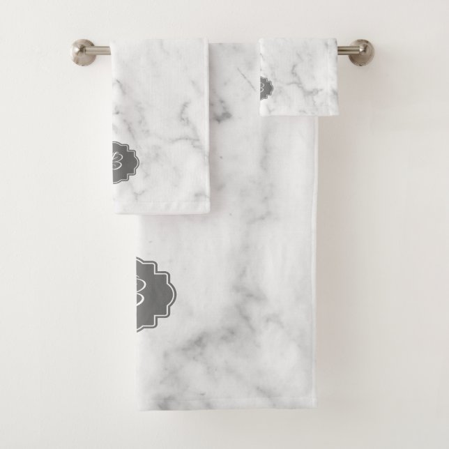 White & Grey Marble Monogram Bath Towel Set (Insitu)