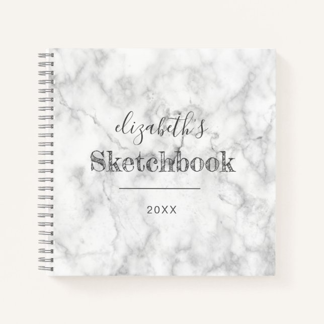 White Grey Marble Personalised Artist's Sketchbook Notebook (Front)