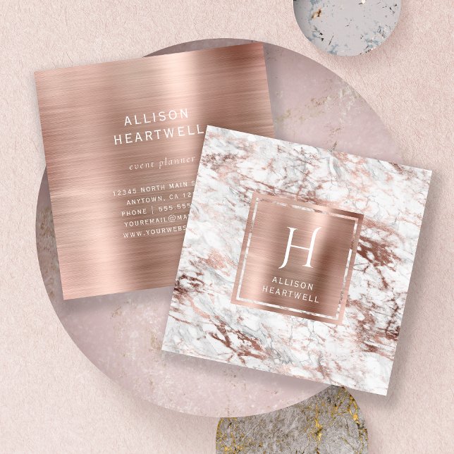 White Grey Marble Rose Gold Brushed Foil Monogram Square Business Card (Creator Uploaded)