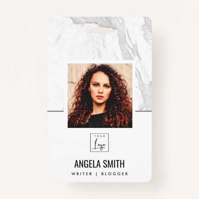 WHITE GREY MARBLE TEXTURE EMPLOYEE PHOTO BARCODE   ID BADGE (Front)