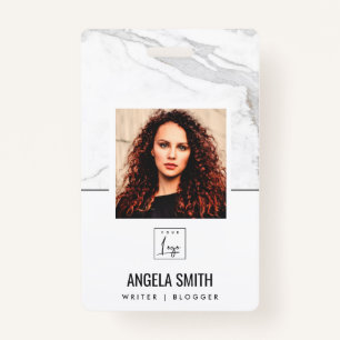 WHITE GREY MARBLE TEXTURE EMPLOYEE PHOTO BARCODE  ID BADGE