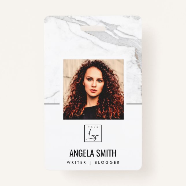 WHITE GREY MARBLE TEXTURE EMPLOYEE PHOTO BARCODE  ID BADGE (Front)