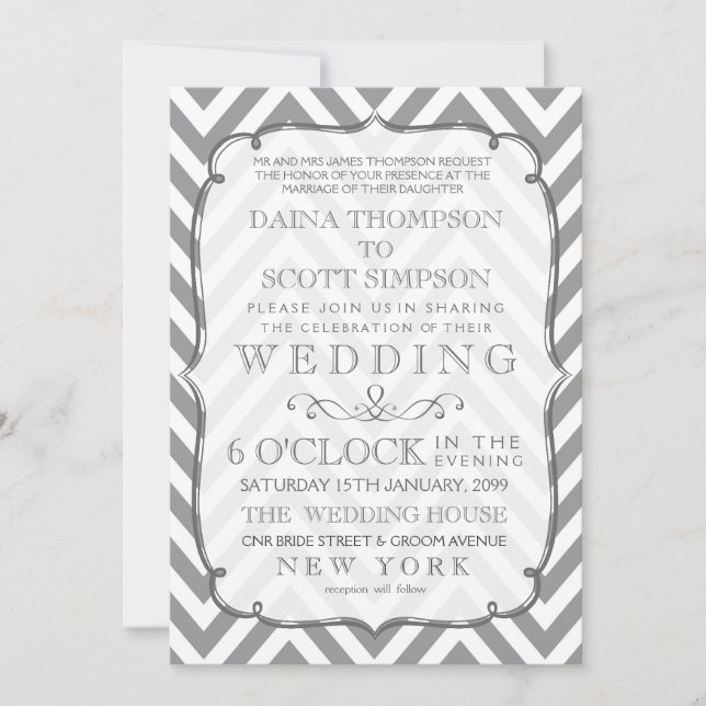 White Grey Modern Typography Chevron Wedding Invitation (Front)