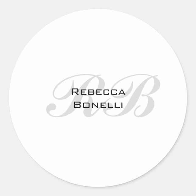 White Grey Monogram Name Initials Plain Stylish Classic Round Sticker (Front)