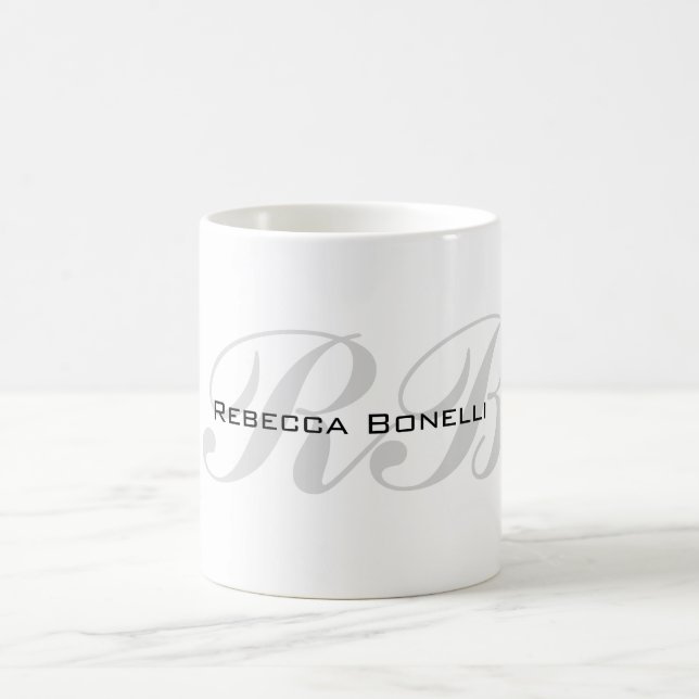 White Grey Monogram Name Initials Plain Stylish Coffee Mug (Center)