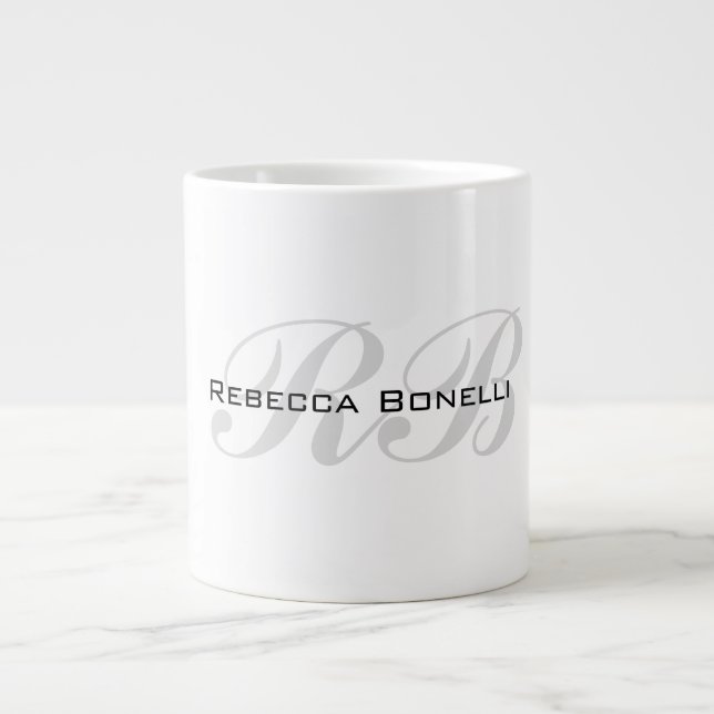 White Grey Monogram Name Initials Plain Stylish Large Coffee Mug (Front)