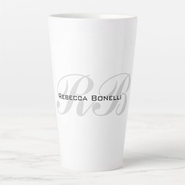 White Grey Monogram Name Initials Plain Stylish Latte Mug (Front)