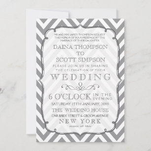 White Grey Neutral Alloy Chevron Stripes Wedding Invitation