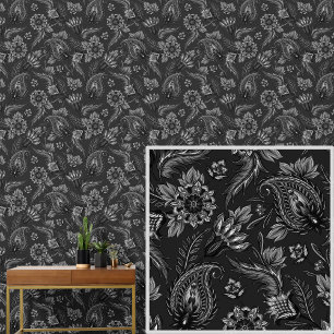 White Grey on Black Floral Paisley Elegant Wallpaper