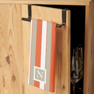 White Grey Orange Stripes Monogram Tea Towel