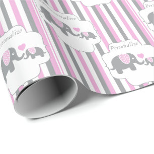 White, Grey & Pink Stripe Elephants Baby Shower Wrapping Paper