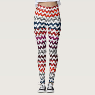 White Grey Red Chevron Pattern Burlap Look Leggings