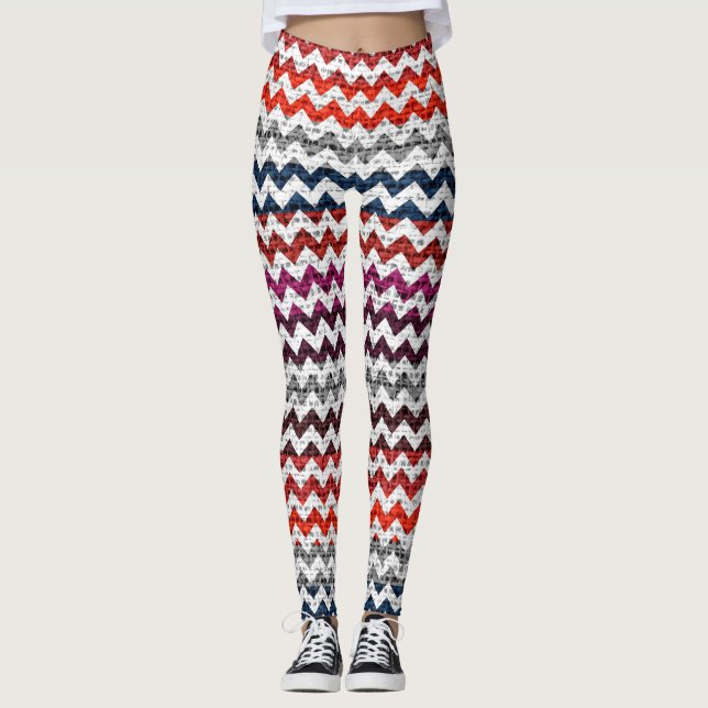 White Grey Red Chevron Pattern Burlap Look Leggings (Front)