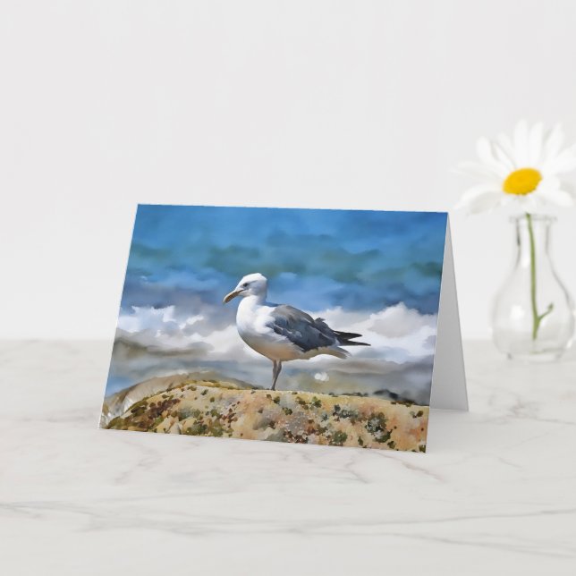 White Grey Sea Bird Ocean Art Note Card (Small Plant)