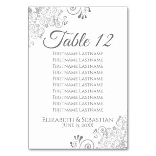 White & Grey Silver Frills Wedding Seating Chart Table Number