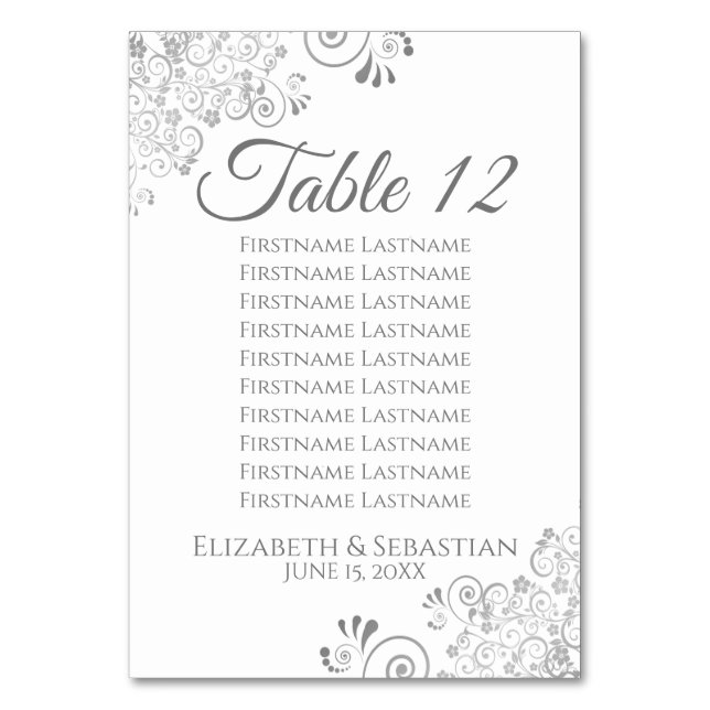White & Grey Silver Frills Wedding Seating Chart Table Number (Front)