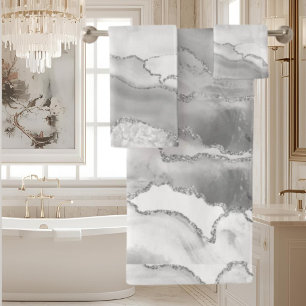 White Grey Silver Glitter Agate Elegant Bath Towel Set