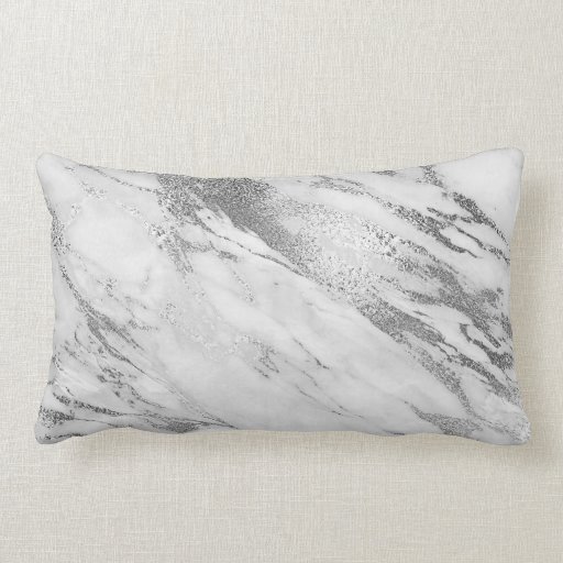 Image of White Grey Silver Monochromatic Marble Glam Lumbar Cushion