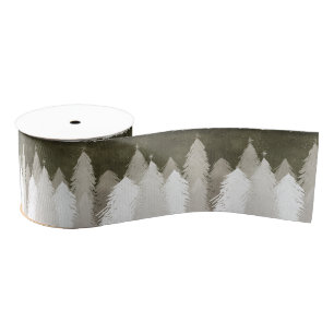 White & Grey Snow-Covered Pine Trees Chalkboard Grosgrain Ribbon