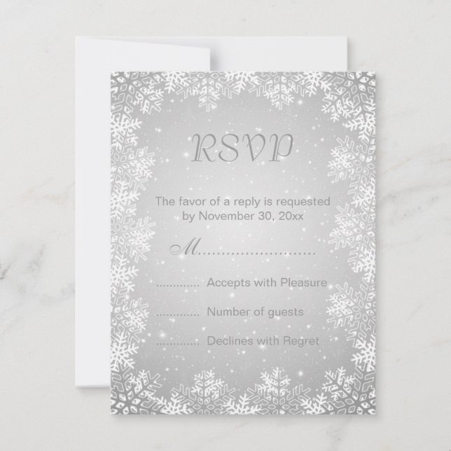 White grey snowflakes winter wedding RSVP (Front)