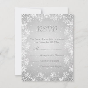 White grey snowflakes winter wedding RSVP Card