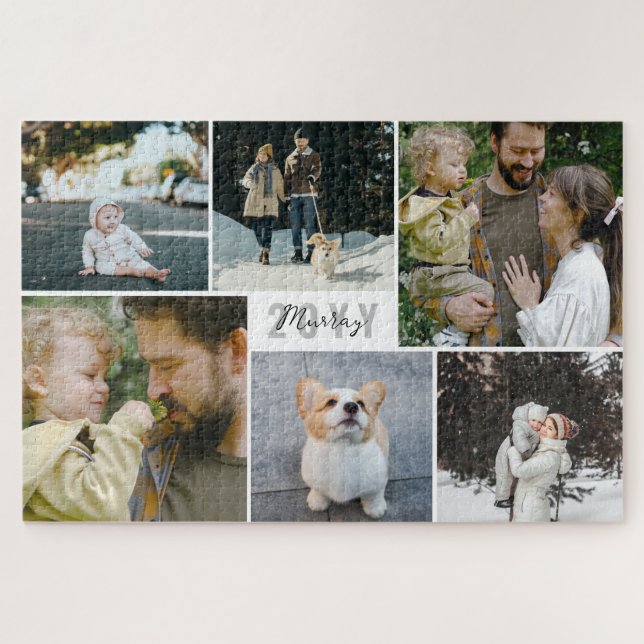 White Grey Year & Family Name Photo Collage Jigsaw Puzzle (Horizontal)