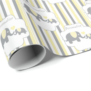 White, Grey & Yellow Stripe Elephants Baby Shower Wrapping Paper