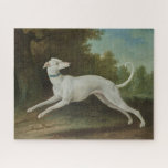 White Greyhound Dog (by Jean-Baptiste Oudry) Jigsaw Puzzle<br><div class="desc">This design features a painting by the French artist Jean-Baptiste Oudry (1686–1755). It shows a lithe white greyhound leaping through a rural landscape. The dog's body is slender but muscular and strong. The greyhound is wearing a blue collar around its neck. Its tail is curled up in the air as...</div>
