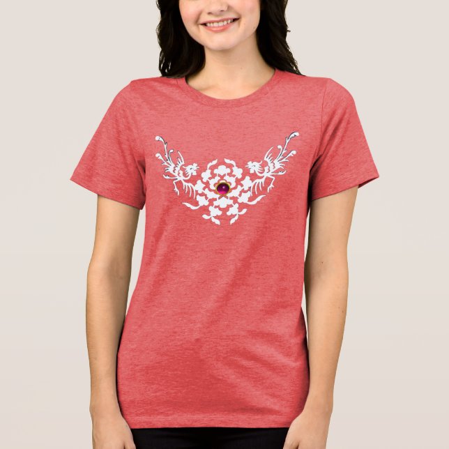 WHITE GRIFFINS AND FLOWERS WITH PINK RUBY GEM Tri-Blend SHIRT (Front)