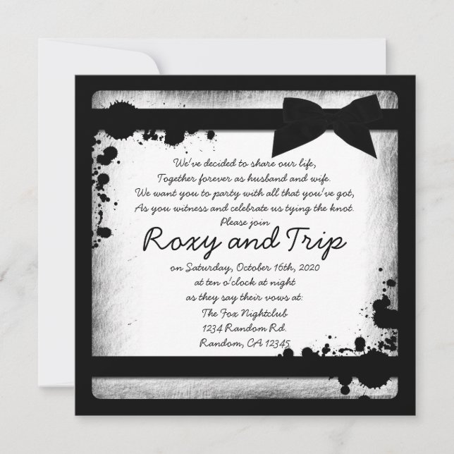 White grunge black ribbon wedding invites (Front)