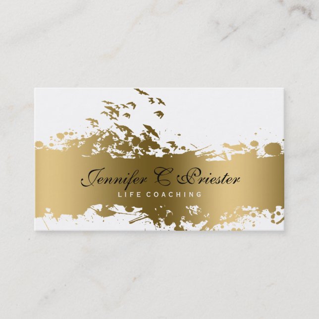 White & Grunge Gold Stripe & Flying Birds Business Card (Front)
