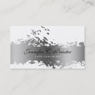 White & Grunge Silver Stripe & Flying Birds Business Card