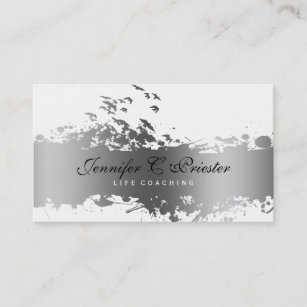 White & Grunge Silver Stripe & Flying Birds Business Card