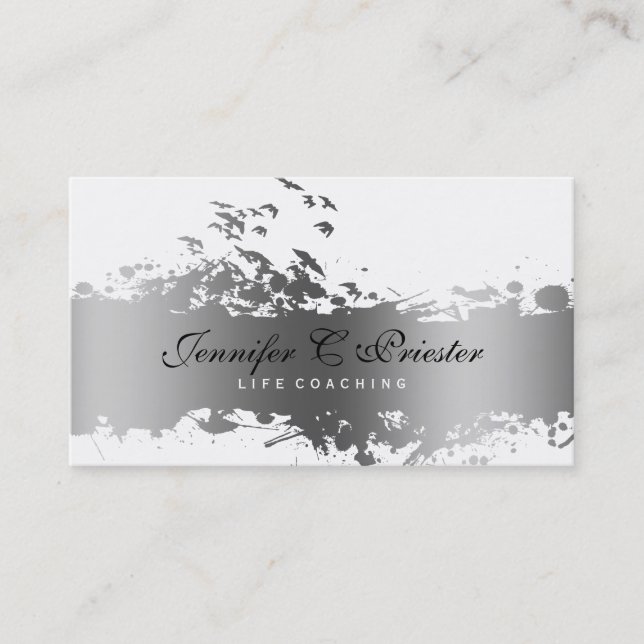 White & Grunge Silver Stripe & Flying Birds Business Card (Front)