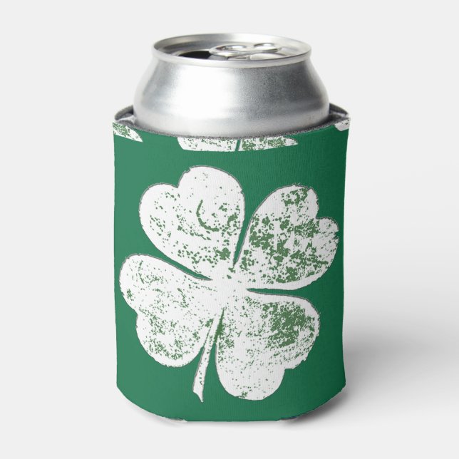 White Grungy Four-Leaf Clover on Green Ground Can Cooler (Can Front)