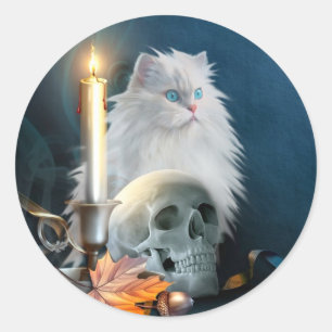 White Halloween cat Classic Round Sticker