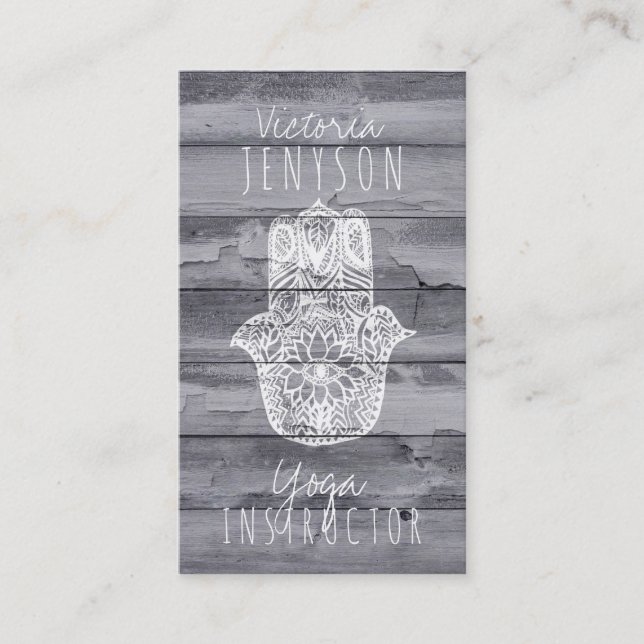 White Hamsa hand of fatima wood yoga instructor Business Card (Front)
