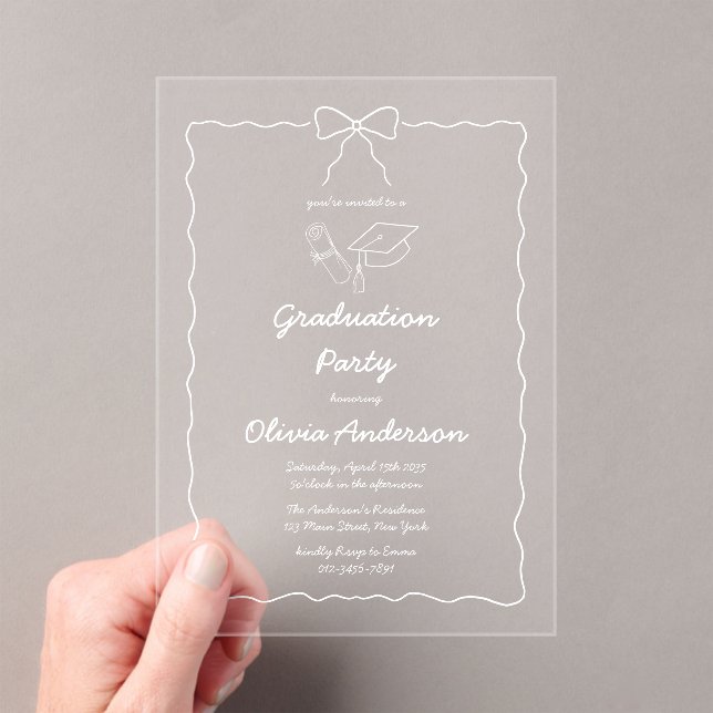 White Hand-Drawn Bow & Squiggle Graduation Party Acrylic Invitations (Insitu (Handheld))