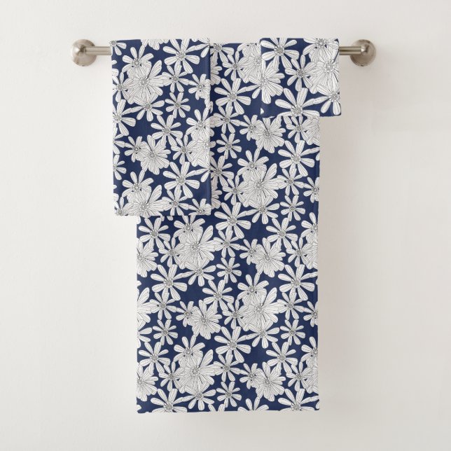 White Hand Drawn Flowers On Navy Blue Floral Print Bath Towel Set (Insitu)