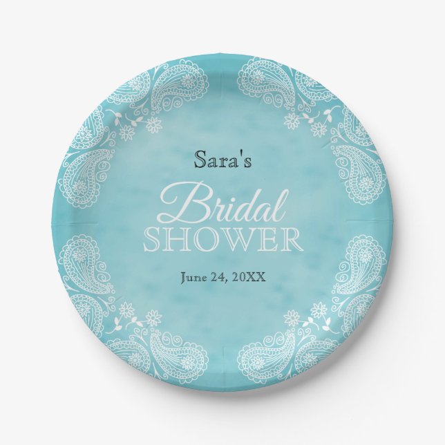 White Hand Drawn Paisley Teal Rustic Bridal Shower Paper Plate (Front)