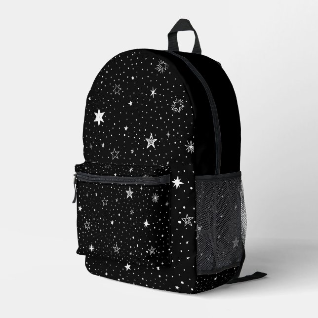 White Hand Drawn Stars On Black Printed Backpack (Back Corner Right)