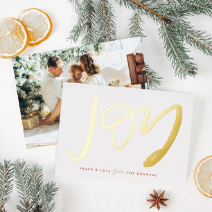 White Hand-Lettered Joy Photo Gold Foil Holiday Card
