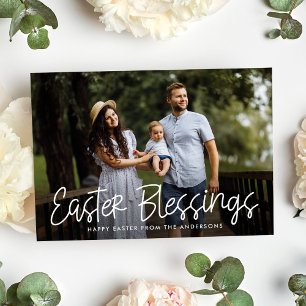 White Hand-Lettered Script Easter Blessings Photo Holiday Card